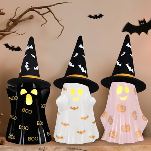 Ceramic Halloween Ghost Decorations Set of 3 with Witch Hats Lighted Indoor Decor