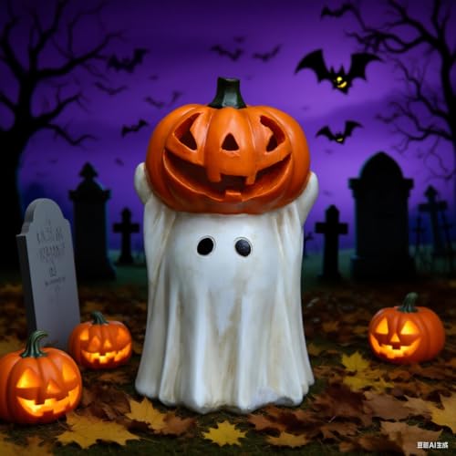 Halloween Ghost Decoration with Light-Up Jack-o'-Lantern Head - 7.7in White Ghost with Mini Pumpkin & LED Lights, Indoor & Outdoor Festive Decor - Variation of 7.7in Jack-o'-Lantern Head