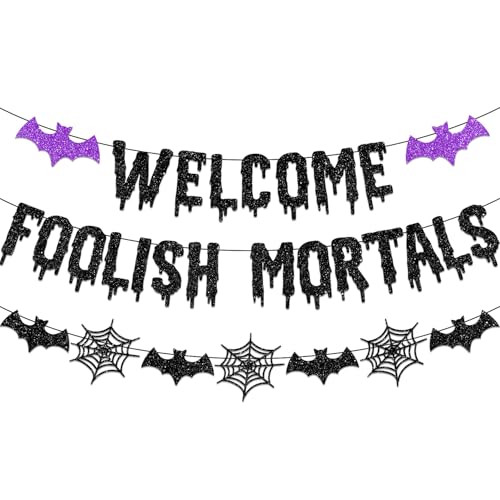 White Welcome Foolish Mortals Halloween Banner No-DIY Party Decoration