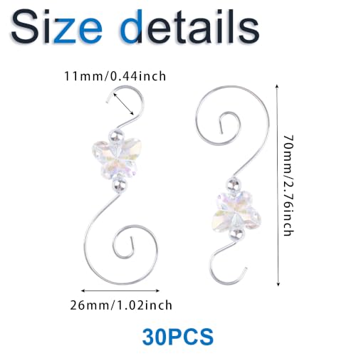 Christmas Ornament Hooks Set 30 Pcs Silver Butterfly Bead S-Shaped Decorations