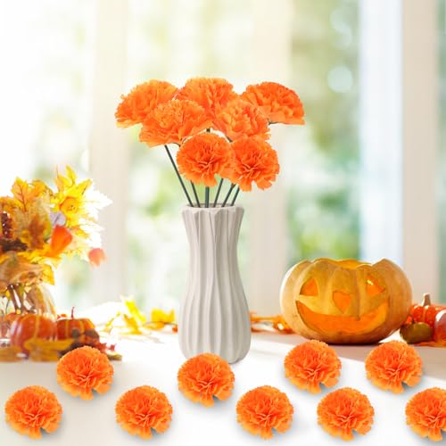 Artificial Marigold Flower Heads & Stems Bulk Set for Day of the Dead & Fall Decor