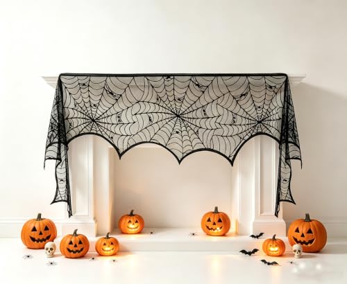 Halloween Black Lace Spiderweb Mantel Scarf - Indoor Fireplace & Table Decor
