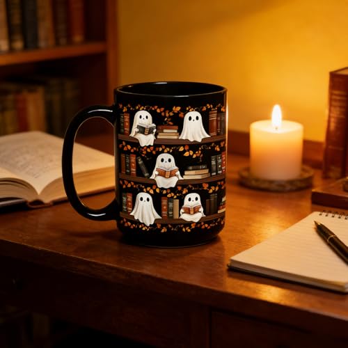 15oz Halloween Ghost Reading Coffee Mug, Bookshelf Tea Cup - Black