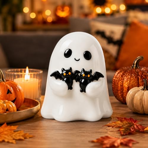 Halloween Ghost Figurine with Bats - Glossy White Spooky Decor, Bat Ghost Variation