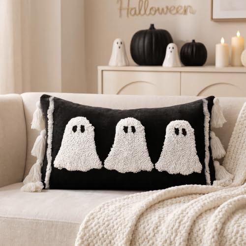 Halloween Ghost Lumbar Pillow Covers Set - Black & White Cotton Linen 15x20