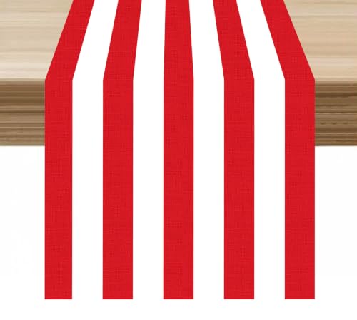 Red and White Striped Table Runner - Classic Linen Farmhouse Decor 13x36in