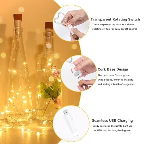 Dumcuw Warm+ 3 Pack USB Rechargeable Bottle Fairy Lights with Cork - Christmas Decor