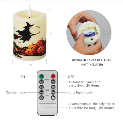 Halloween Flameless Candles Set of 2 - 3x4 Inch Ivory LED Pillars with Pumpkin & Witch Decals - Remote Timer