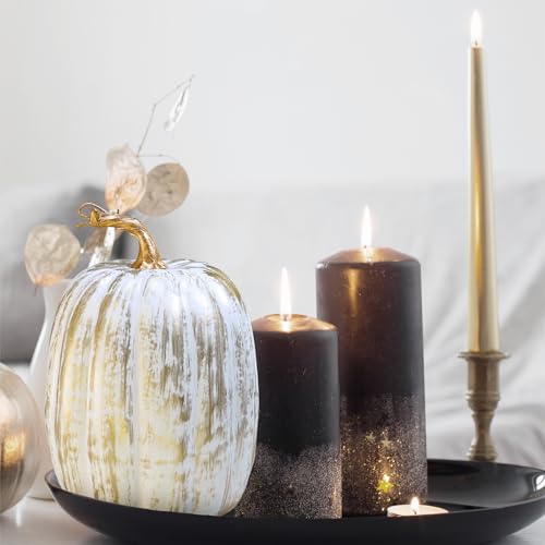 Artificial Pumpkins Set - Gold Brush White Faux Fall Decor, 8.7" - Autumn Wedding & Holiday Table Centerpieces