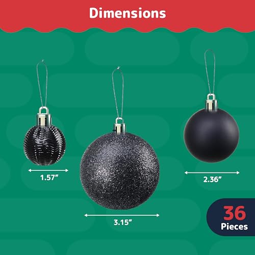Black Christmas Ornaments Set - 36 Shatterproof Balls in 6 Styles & 3 Sizes