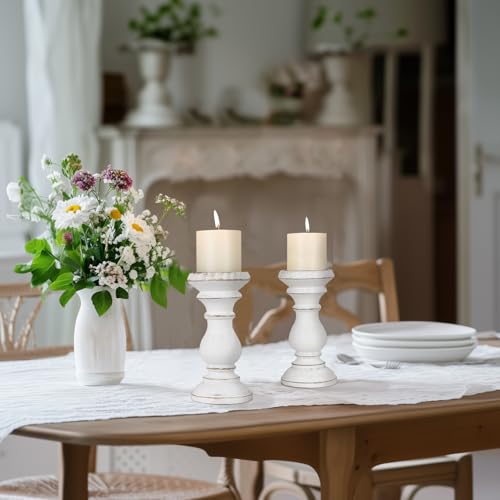 Antique White Wooden Candle Holders Set of 2 for Pillar Candles - Farmhouse Rustic Decor
