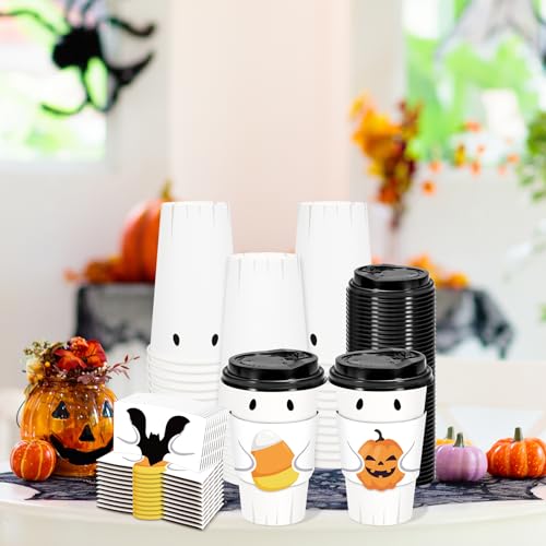 White 16 Oz Halloween Disposable Coffee Cups with Lids, Bat & Pumpkin Sleeves - 60 Set