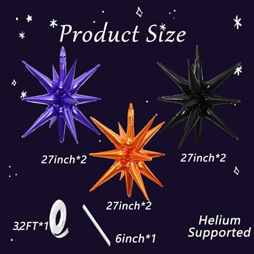 Black Orange Purple Star Explosion Balloons Set - 27 Inch Foil Party Decorations