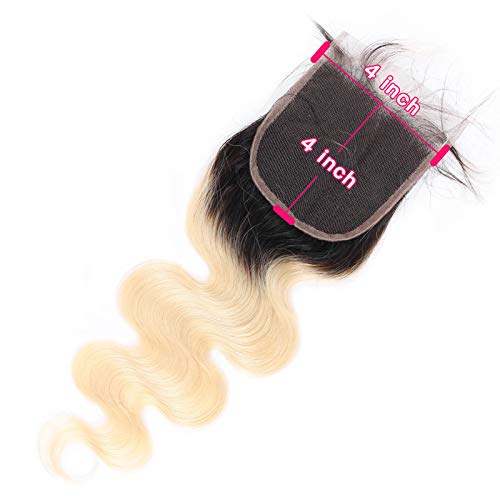 Forawme 1B/613 Ombre Blonde Brazilian Body Wave Closure Human Hair 4X4 14 Inch 100% Remy Hair Bleached Knots Pre Plucked Lace Closure Hair Pieces