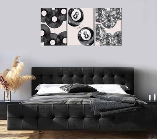 Disco Canvas Wall Art Set - Lucky 8 Ball, Vinyl Record & Disco Ball Prints, 24x16 Inches with Frame