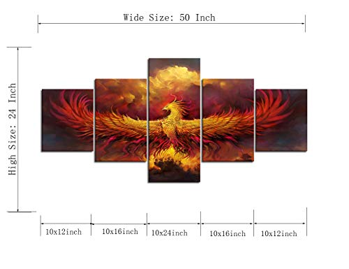 Fire Phoenix Wall Art Canvas - 50x24 Inch Stretched Ready to Hang - Heraldic Style Wall Decor - Variation of Artwork-01