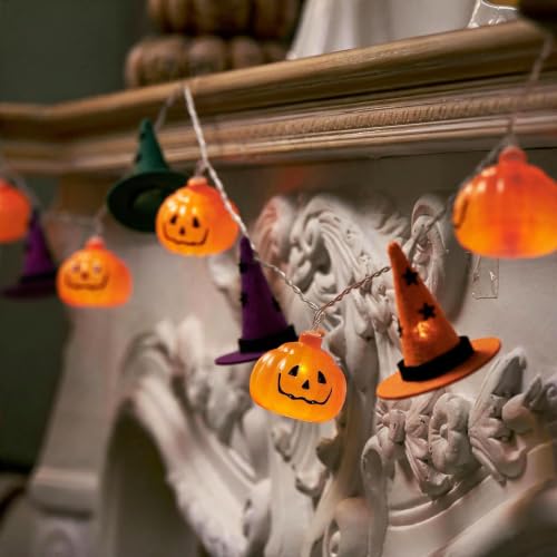 Halloween String Lights with Pumpkin & Witch Hat Decor - 9.8FT, 20 LEDs, Battery Operated, Two Modes - Pumpkin Witch Hat Lights