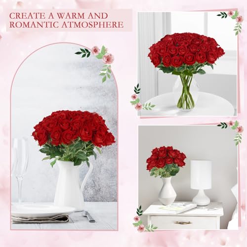 Artificial Red Roses Bulk - 100 Realistic Silk Flowers with Bendable Stems