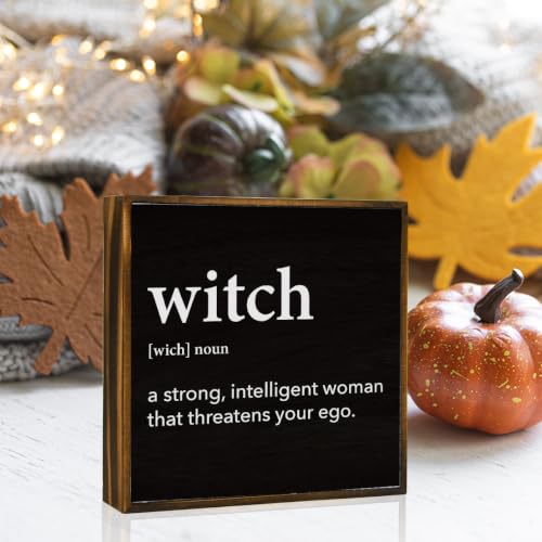 Witch Definition Halloween Wooden Decor Sign for Table Shelf - Black, 5x5 Inches - Variation: Witch
