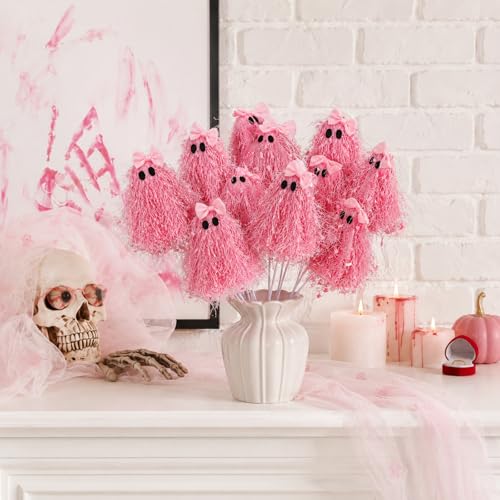 Pink Halloween Ghost Stem Picks - 12 Inch Glitter Ghost Decorations - Set of 12