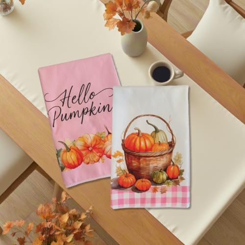 Pumpkin Pink Fall Kitchen Towels Decor Set of 2 - Autumn Dish Hand Towels