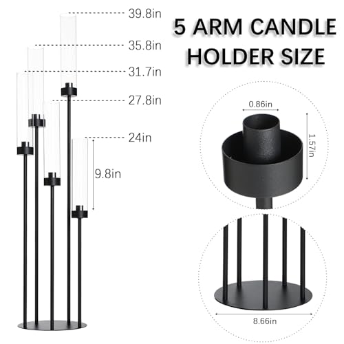 Tall Matte Black Candle Holder with Acrylic Shades - 39.8" 5 Arm Candelabra - Variation of THIS listing: Black / 1pcs