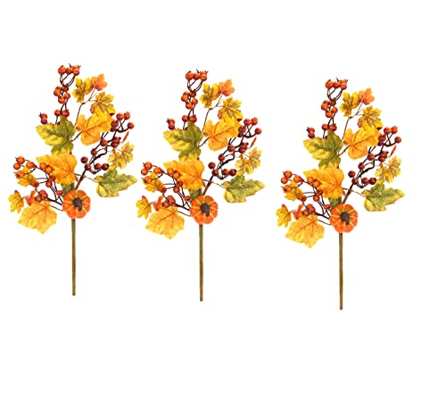 Artificial Fall Flowers Spray Set - 20 Inch Autumn Faux Flowers with Mini Pumpkins & Berries - Aztec Merigold Variation