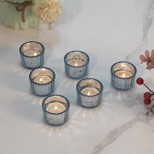 Blue Votive Candle Holders Set of 12 - Retro Embossed Glass Tea Light Decor