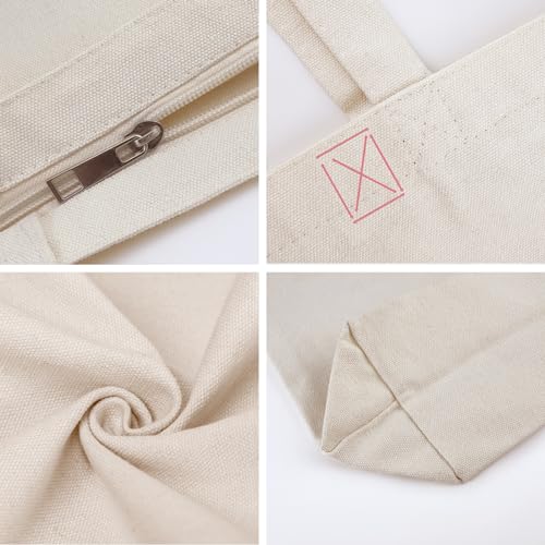 Beige Zippered Canvas Tote Bag - 17x14 Inch Reusable Grocery Shopping Bag with Flat Bottom - 6 Pack