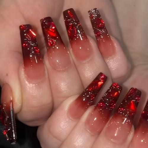 Halloween XL Red Nails Press On Long Coffin Fake Nails with Diamond Design - Red Diamond Variation