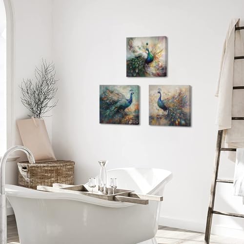 Colorful Peacock Wall Art Canvas Prints Set - 12x12 Inches, 3 Pieces - Elegant Bedroom & Bathroom Decor
