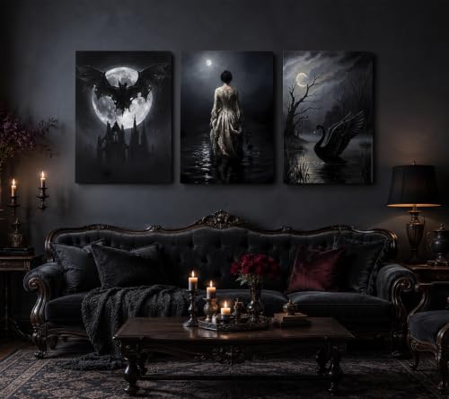 Gothic Wall Art Set of 3 - Victorian Dark Woman, Bat & Swan Prints, Unframed 24x16 inches - Moody Home Decor