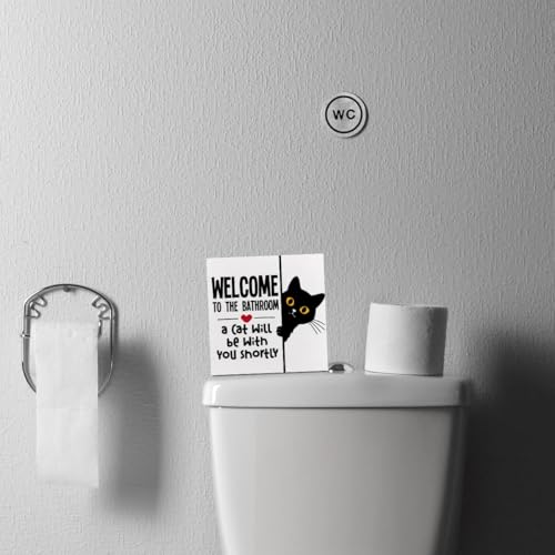 Funny Cat Bathroom Decor Wooden Box Sign - Rustic Toilet Sign with Variation Bathroom Cat