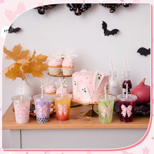 Sliner 16 oz Pink Bow Ghost Plastic Cups with Straw - Halloween Party Supplies, 50 Pack