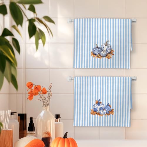 Blue Pumpkin Kitchen Towels Set of 2 - Chinoiserie Fall Dish Towels