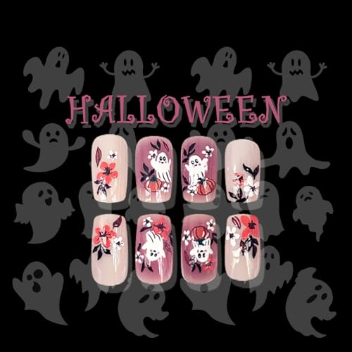 Halloween Ghost Press On Nails Medium Square Set - Cute Ghost Flower Pumpkin Design, Reusable 24Pcs for Women & Men