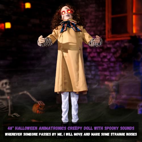 48-Inch Animatronic Creepy Doll Halloween Decoration with Sound & LED Eyes - Indoor Outdoor Haunted House Prop