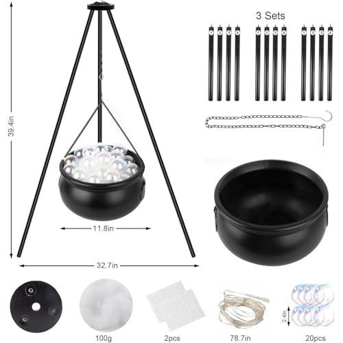 Halloween Cauldron on Tripod with Lights & Balls - Outdoor Witch Decor