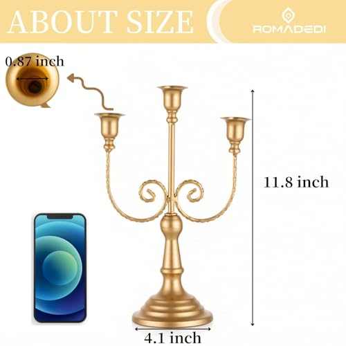 Romadedi Gold 3-Arm Candle Holder Set of 6 - 11.8 Inch Classic Taper Candle Holders