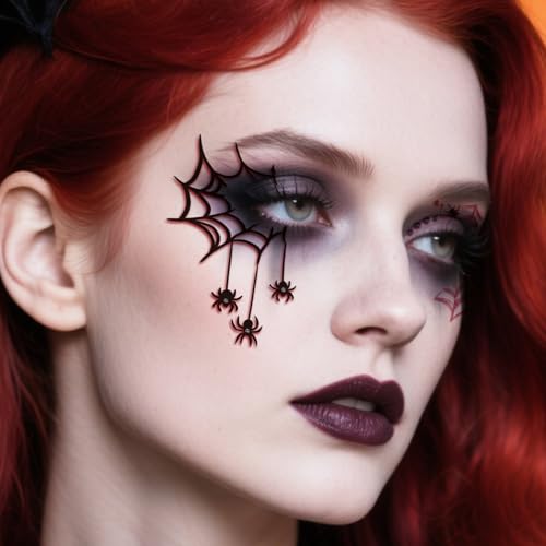 Halloween Scary Face Tattoo - 16 Sheets Spiders Web Bats Skulls Blood Designs for Men Women Cosplay Party