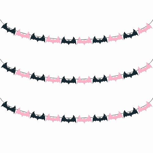 Halloween Bat Garland Felt Banner - 3 Pack Black & Pink Decorations for Haunted House & Party