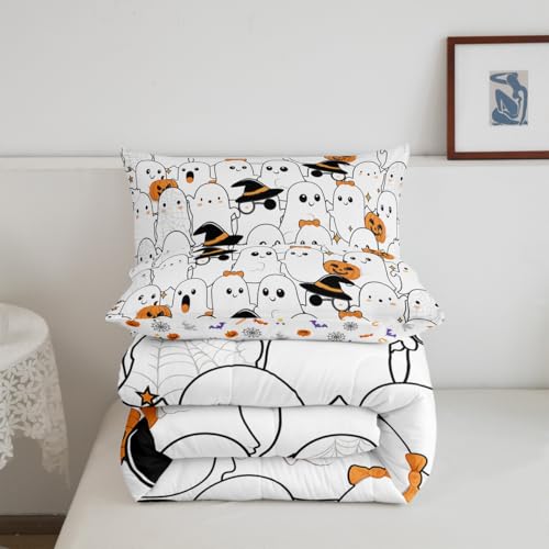 Halloween Cartoon Ghost Comforter Set Twin Black Orange White with Pumpkin Lantern & Witch Hat Variation of THIS listing