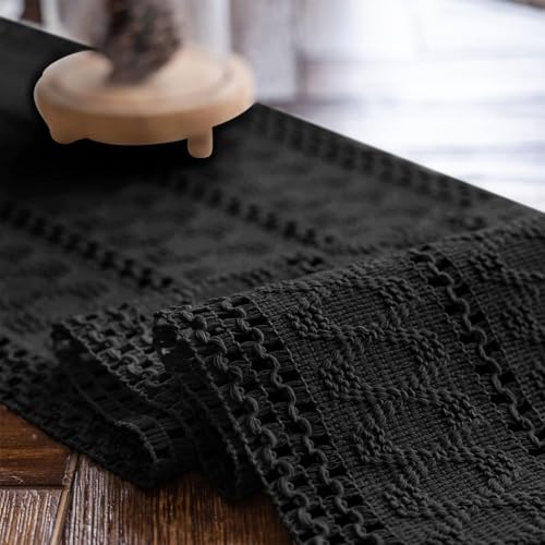 Macrame Table Runner Black Boho 12x48in with Tassels - Solid Variation