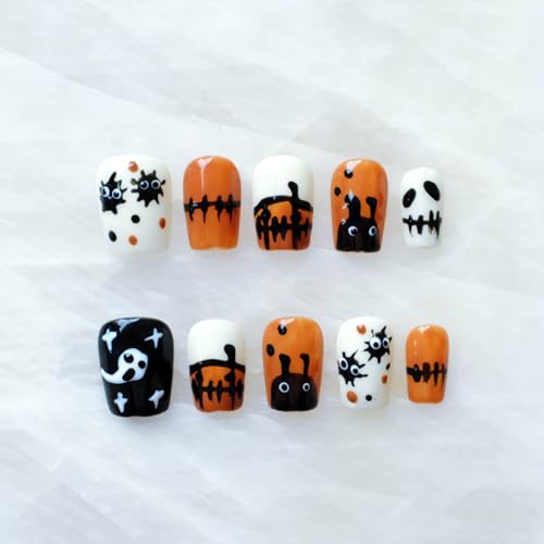 Halloween Press On Nails Short Square False Nails - Handmade Festive Orange Black M