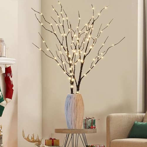 Lighted Christmas Tree Branches - 30 Inch Warm White LED Artificial Brown Twig with Timer & Waterproof for Indoor Outdoor Holiday Decorations - Variation: Warm White