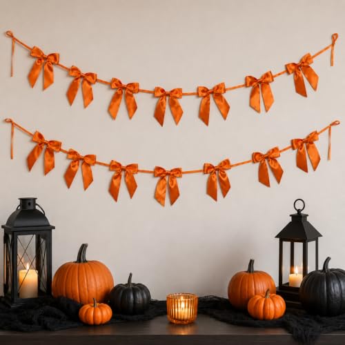 Orange Satin Bow Garland for Halloween Party & Seasonal Decorations - 2 Pack