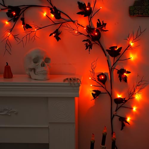 Halloween Garland with Orange LED Lights - 6.56 ft Lighted Vine Twig String Lights, 8 Modes & Timer, 12 Ornaments, Battery Operated, Indoor Decor - Orange