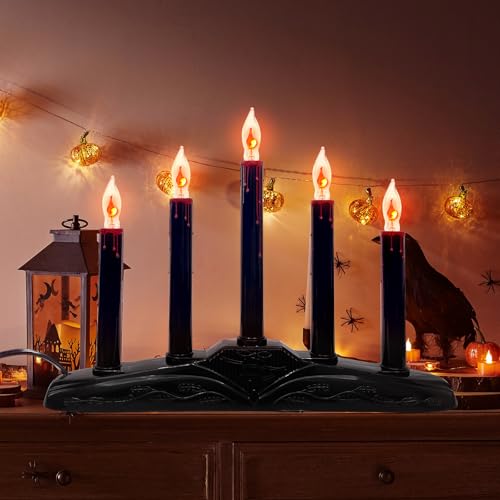 Black 5-Light Electric Window Candles with Flickering Flame Bulbs for Halloween Decor