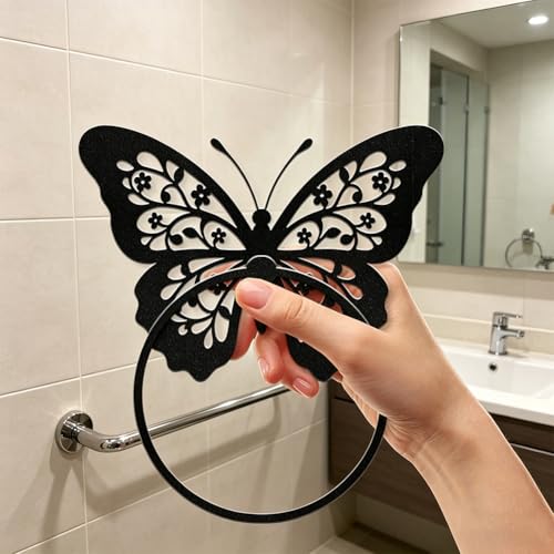 Butterfly Decorative Towel Ring for Bathroom Wall Mount Black Metal Accessory