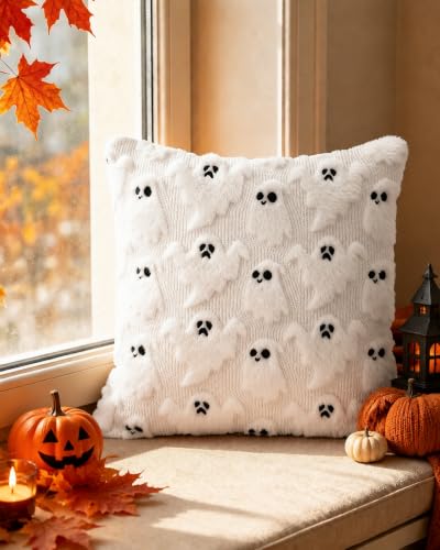 Halloween Faux Rabbit Fur Pillow Covers 18x18 - Ghost & Boo Design, Pack of 2 - Ghost White Variation